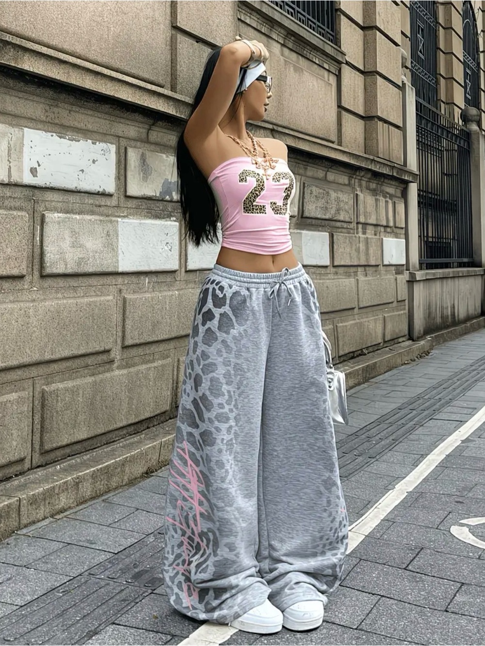 Wide-Leg Gray Leopard Print Sweatpants with Pink Accent - Picture 2 of 4